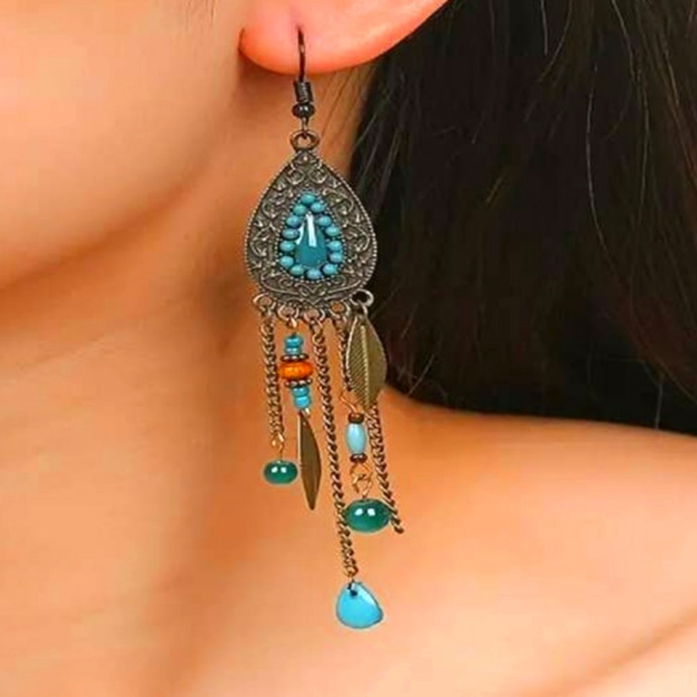 Vintage Bohemian Tassel‎ Earrings Chic Leafy Oval Dangle Drop